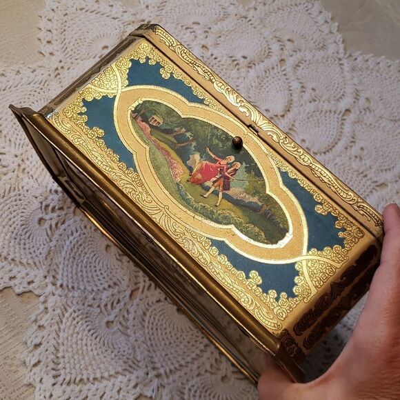 Vintage Metal Hinged Artstyle Chocolates Candy Box Tin w/ Victorian Scenes - Picture 3 of 14